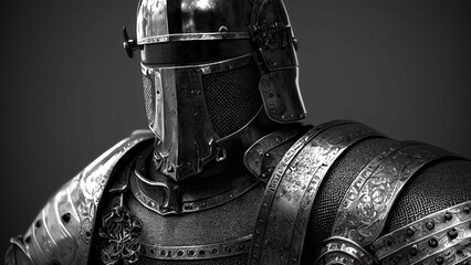 3 D illustration. Knight in shining armor. Detail metal helmets. Medieval warrior.