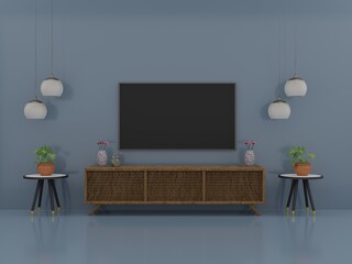 Living room interior have tv cabinet in wood floor with concrete wall background
