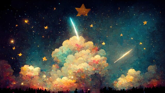 shooting stars at the sky, children book illustration