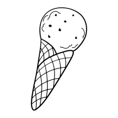 Monochrome picture, cold ice cream in a waffle cone with chocolate chips, vector cartoon