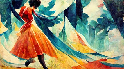 woman dancing in a beautiful folk dress, illustration