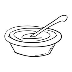 Monochrome picture, ceramic deep plate with porridge, sour cream, with a spoon , vector cartoon