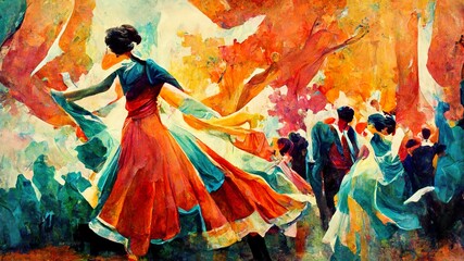 Fototapeta premium traditional folk dance contest poster, woman dancing in a big hall