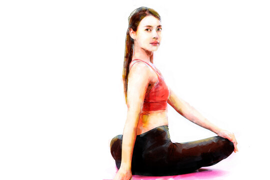 Sketch and Drawing with watercolor painting of Young and Strong attractive fitness woman in sportswear exercise on yoga mat in gym -  Healthy lifestyle training Concept.