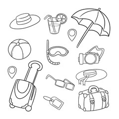 Monochrome set of icons, tourist vacation on the beach, travel, vector cartoon