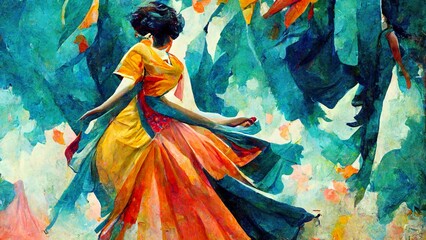 Fototapeta na wymiar woman dancing in a orange and blue dress, abstract illustration