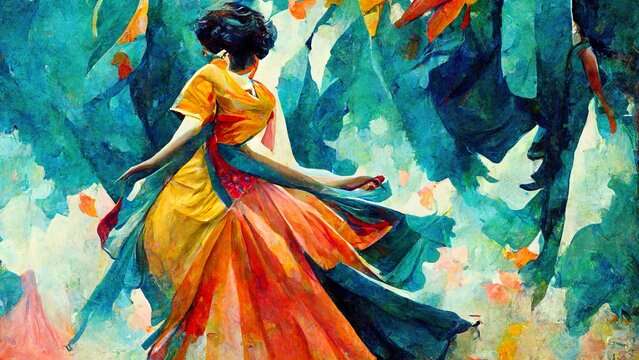 woman dancing in a orange and blue dress, abstract illustration