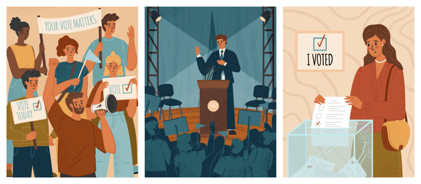 Democratic election campaign process vector posters set. Political candidates debate, vote ballot, political speech, people rally. Democracy concept. Man and woman taking part in national election