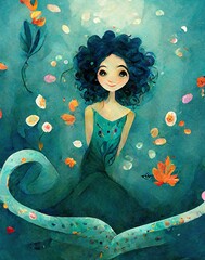 mermaid illustration under water, children book illustration
