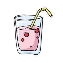 Milky pink fruit cocktail with berries in a glass glass, vector cartoon