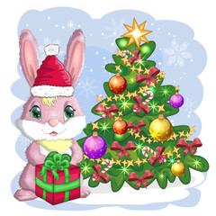 Cute cartoon bunny in Santa's hat near the decorated Christmas tree. Winter 2023, Christmas and New Year