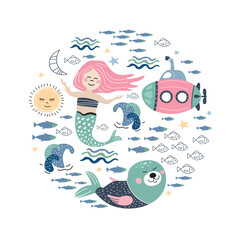 Circular illustration with cute cartoon mermaids, pink submarine and fur seals.