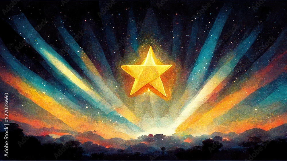 Wall mural big sparkling star, children book art, different colors with blue and yellow