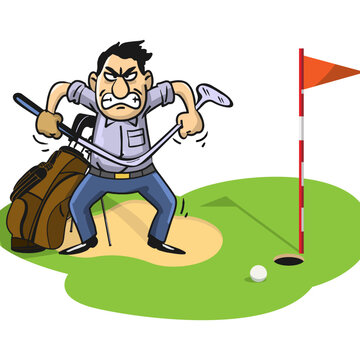 Cartoon style vector illustration of a frustrated caucasian male golfer screaming, spitting and bending his club out of anger.
