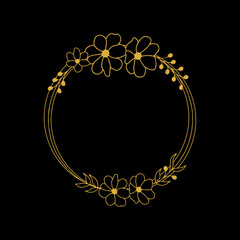 Vector floral hand drawn logo template in elegant and minimal style with gold color on grey background illustration. Circle frames logos. For badges, labels, logotypes and branding business identity.