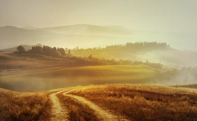 Foto auf Alu-Dibond Autumn Italian rural landscape in retro style  Panorama of autumn field with dirt road and cloudy sky. © Konstiantyn