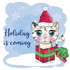 Cute cartoon cat in a Santa hat on a background of snow. Winter 2023, Christmas and Chinese New Year.