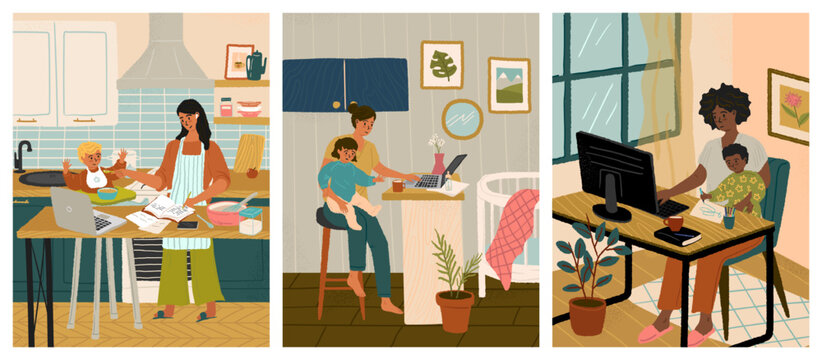Woman holding her baby and working on computer at home. Working mom concept vector posters set. Busy mother with child at office workplace. Maternity and career