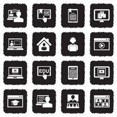 E-learning Icons. Grunge Black Flat Design. Vector Illustration.