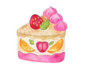 Watercolor illustration. Strawberry birthday cake