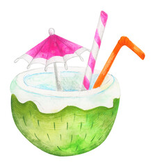 Watercolor illustration. Pina Colada cocktail in a coconut shell with a decorative pink umbrella and a striped straw