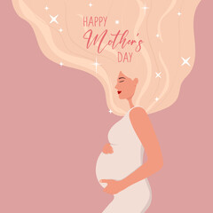Happy pregnant woman holding her belly. The expectation of child. Happy Mother's Day! Charming happy girl with long hair. Vector template with for card, poster, flyer