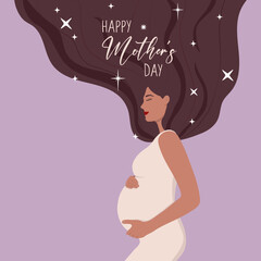 Happy pregnant woman holding her belly. The expectation of child. Happy Mother's Day! Charming happy girl with long hair. Vector template with for card, poster, flyer