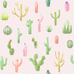 Pattern of watercolor cactus, succulent, isolated illustration on white background. Natural watercolor design elements, botanical collection. Design for textile, fabric, print, wrapping, paper.