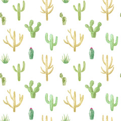 Pattern of watercolor cactus, succulent, isolated illustration on white background. Natural watercolor design elements, botanical collection. Design for textile, fabric, print, wrapping, paper.