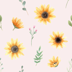 Seamless pattern. Hand drawn watercolor sunflower flower. Hand painted illustration on green background. Summer sunflowers design for textile, card, fabric, wrapping paper, cloth, cover, template.