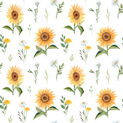 Seamless pattern. Hand drawn watercolor sunflower flower. Hand painted illustration on green background. Summer sunflowers design for textile, card, fabric, wrapping paper, cloth, cover, template.