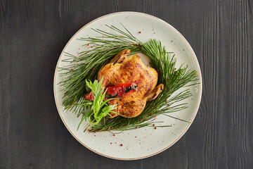A whole grilled chicken with hot pepper lies on a plate decorated with branches of a coniferous tree. A dish from the chef for serving in a restaurant.