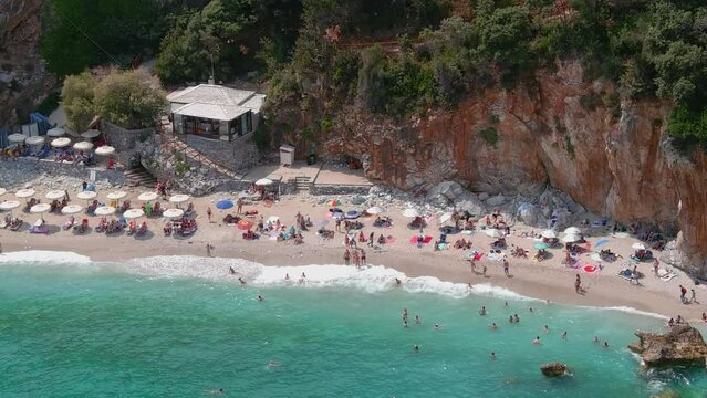 Aerial view over Pelion shore with people in the summer
Drone view from Pelion Greece, 2022
