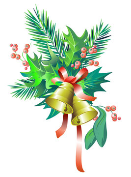 Christmas Floral Ornament with Bells PNG Transparent Background Illustration. Holidays Object.