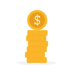 One gold coin standing on stacked gold coins