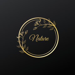 Floral wreath emblem wedding design. Outline vintage herbs in modern simple style. Vector illustration isolated on background