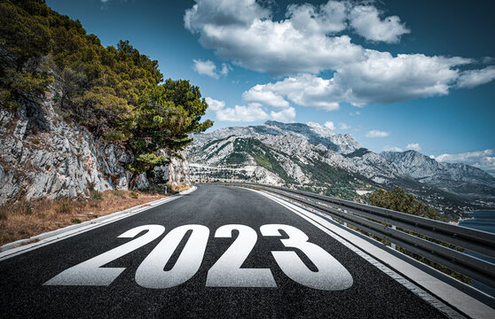 Empty asphalt road and New year 2023 concept.