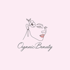 Beauty woman girl with flower organic floral feminine line art logo line illustration icon