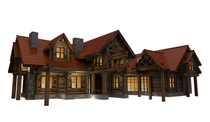 Residential Full Size Log House 3D Render Illustration Isolated on Transparent Background. Log Home Image.