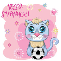Cartoon cat with a soccer ball. Summer, vacation. Cute child character, symbol of 2023 new chinese year