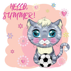 Cartoon cat with a soccer ball. Summer, vacation. Cute child character, symbol of 2023 new chinese year