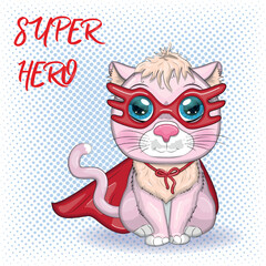 Cartoon cat superhero in a red cloak and mask. Cute child character, symbol of 2023 new chinese year