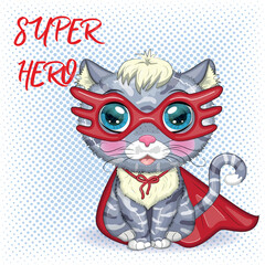 Cartoon cat superhero in a red cloak and mask. Cute child character, symbol of 2023 new chinese year