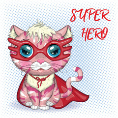 Cartoon cat superhero in a red cloak and mask. Cute child character, symbol of 2023 new chinese year