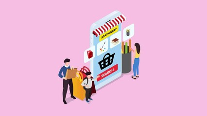 Young family buy stationery on mobile phone apps