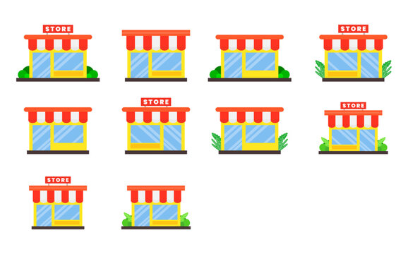 Store building flat ilustration set