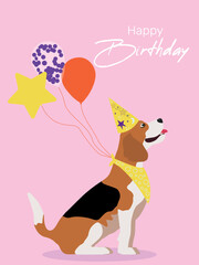 Stylish happy birthday cards with funny beagle. Inflatable balls,  on a pink background. Vector greeting card with cute animals. Baby print with puppy: Puppy party.
