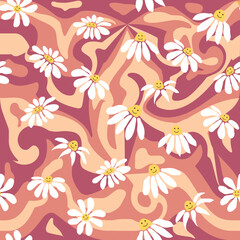 Groovy daisy retro seamless pattern. Retro Smile Chamomile Pattern on 1970 Hippie Aesthetic.