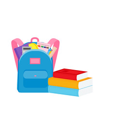 classroom school supplies stationery, pencil case, pen, pile of books, photorealistic literature,notebook, notebook textbook,school bag,Palettes and brushes in art,colored pencils. vector illustration