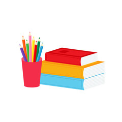 classroom school supplies stationery, pencil case, pen, pile of books, photorealistic literature,notebook, notebook textbook,school bag,Palettes and brushes in art,colored pencils. vector illustration